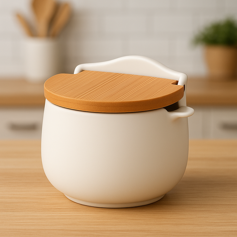 Saleiro Porcelana com Tampa de Madeira - TheckCasa