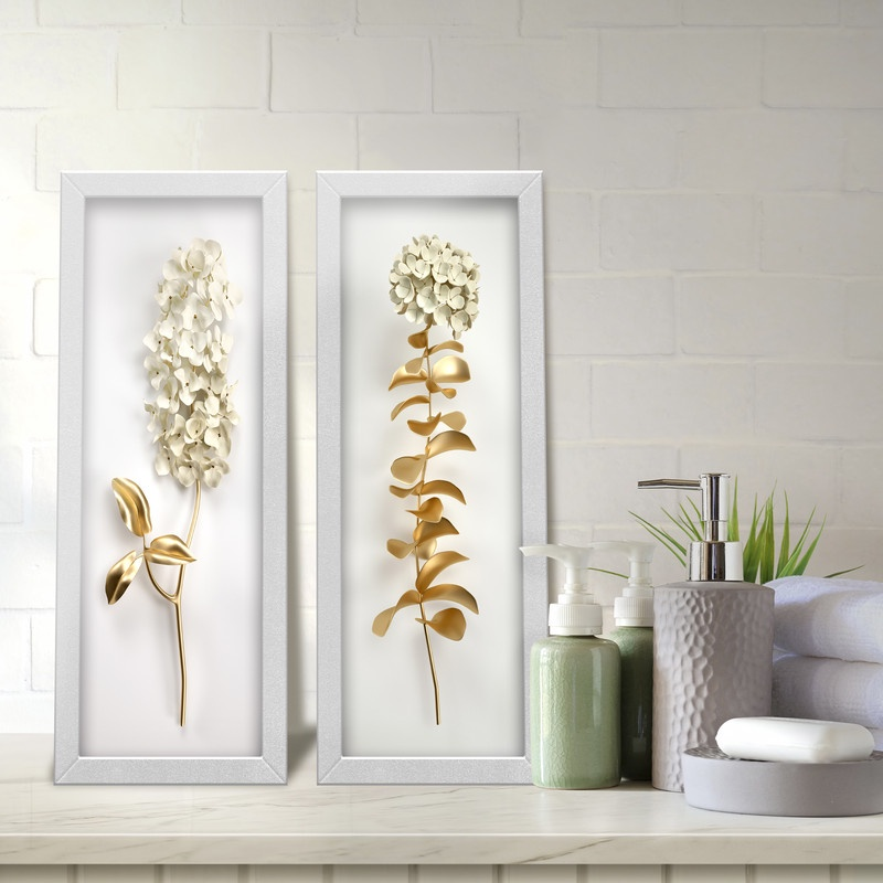Kit 2 Quadros Lavabo Dourado De Flor Branco Ramo