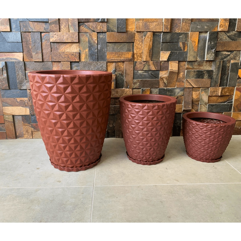 kit 3 Vasos Para Plantas Decorativo em Polietileno Diamante Nº1 Nº2 Nº3 com Pratos - TheckCasa