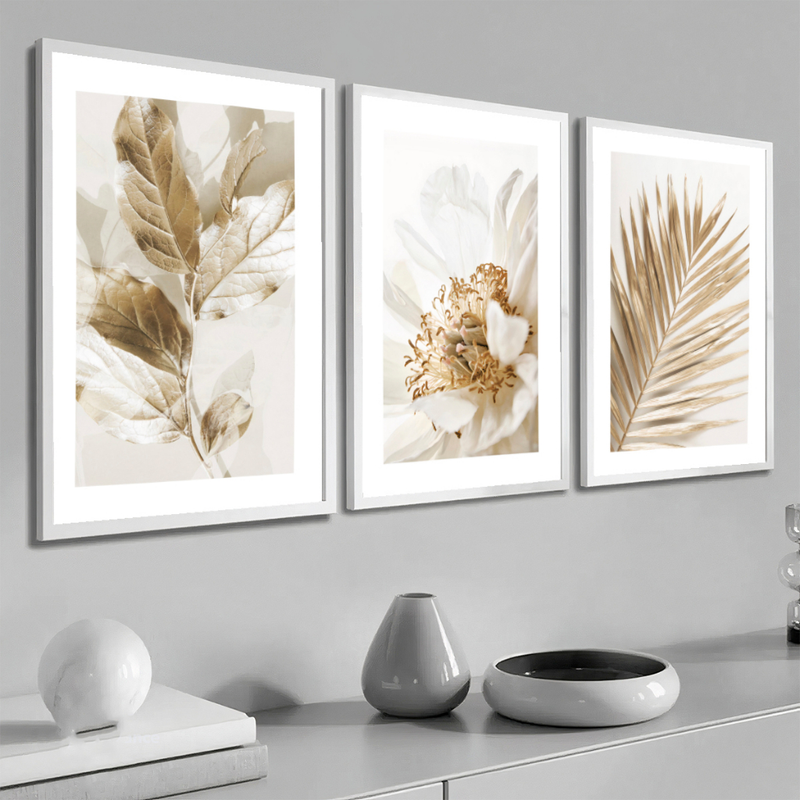 Kit 3 Quadros Decorativos Folhagem Dourada Gold Sala Grande Moderno