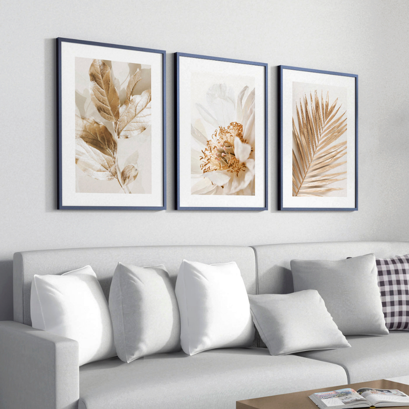 Kit 3 Quadros Decorativos Folhagem Dourada Gold Sala Grande Moderno