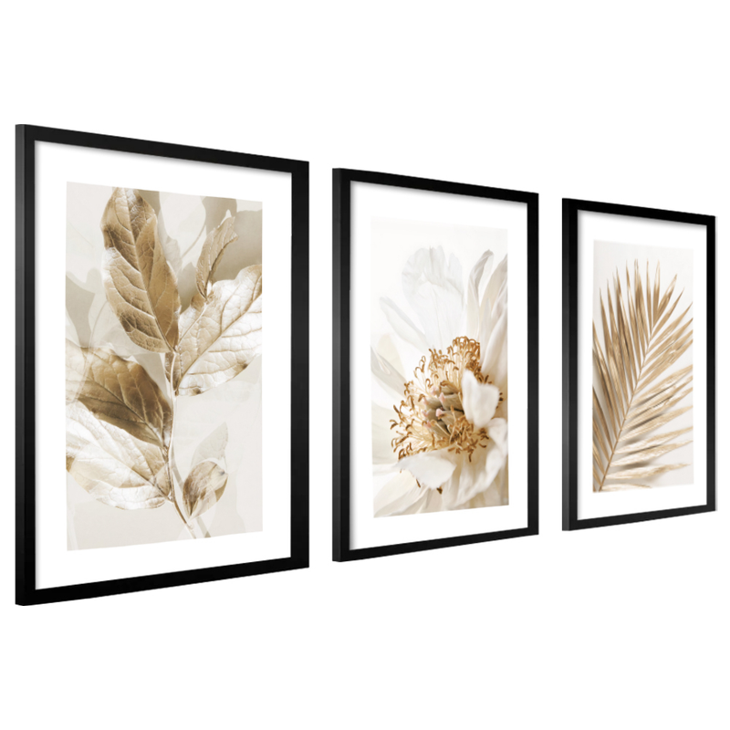 Kit 3 Quadros Decorativos Folhagem Dourada Gold Sala Grande Moderno - TheckCasa
