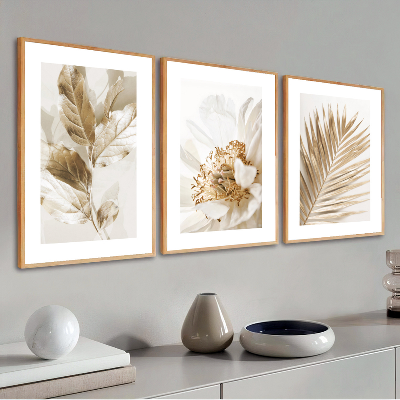Kit 3 Quadros Decorativos Folhagem Dourada Gold Sala Grande Moderno - TheckCasa