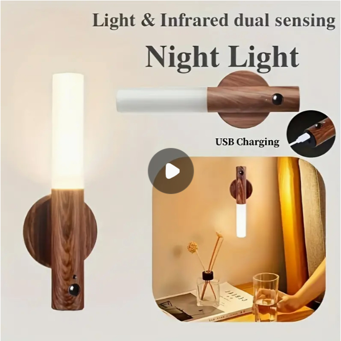 Luminaria Luz Led Recarregável Sensor de Movimento Arandela de Madeira Minimalista Para Mesa Parede