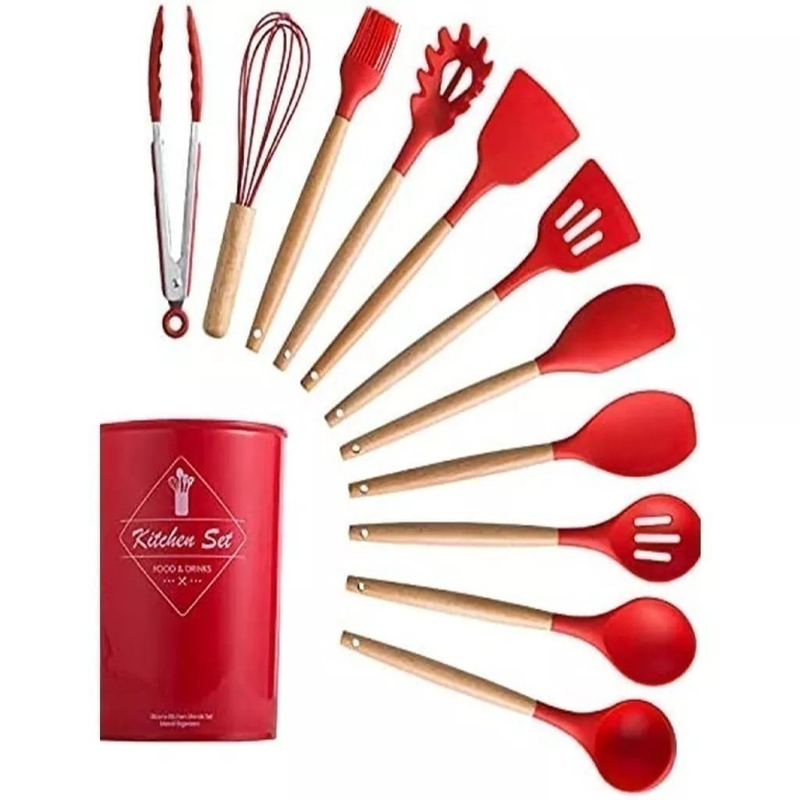 Jogo de Cozinha Kit C/12 Peças de Silicone, Utensílios e Copo Suporte para Cozinha Cabo de Madeira