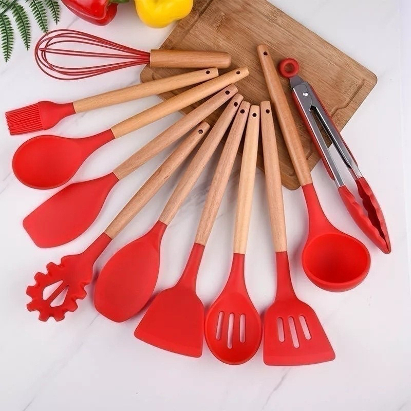 Kit 12 Utensílios de Cozinha em Silicone com Cabo de Madeira + Copo Suporte | Resistente ao Calor – TheckCasa