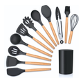 Kit 12 Utensílios de Cozinha em Silicone com Cabo de Madeira + Copo Suporte | Resistente ao Calor – TheckCasa