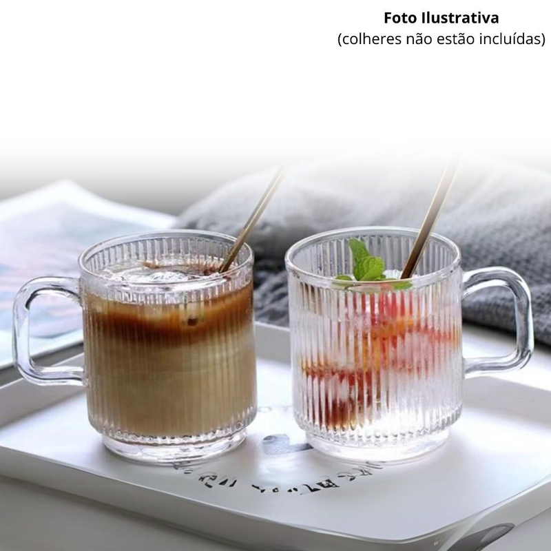 Caneca Canelada Kit 2 Canecas de Vidro Grafiato 350ml Xícaras de Vidro