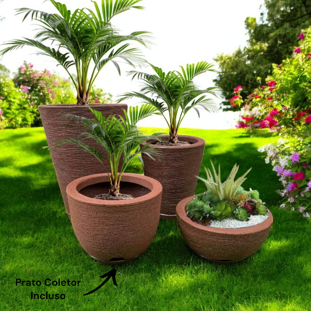 Kit 04 Vasos para Planta Flor Casa Jardim Varanda Coluna Redonda N1 N2 Bojo N1 + Bacia N1 com prato  - TheckCasa