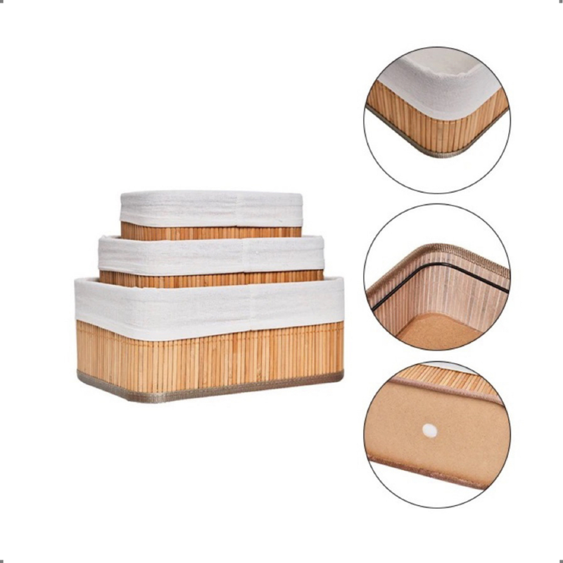 Organizador Bambu Kit com 3 Tamanhos e Individual Forrado Retangular Quarto Mesa Copa Banheiro