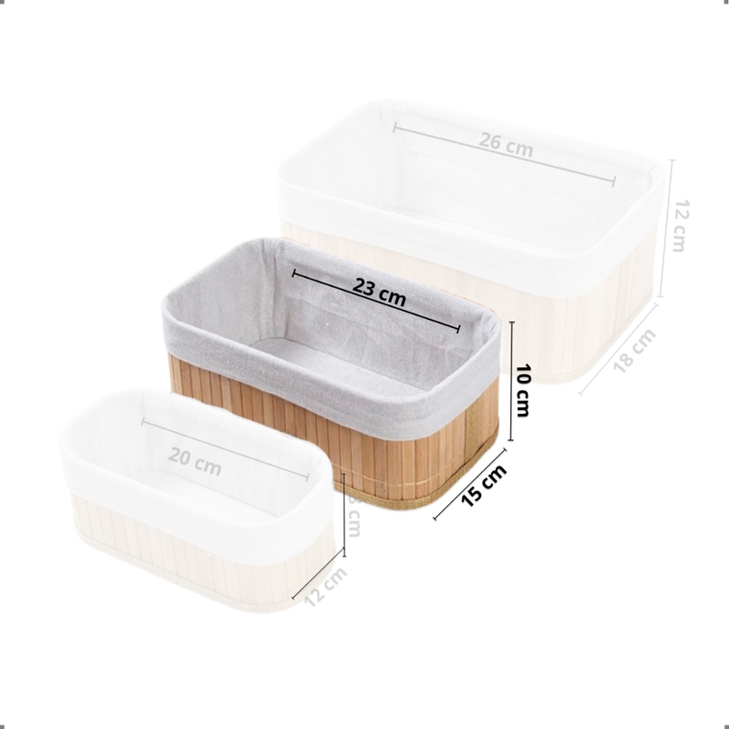 Organizador Bambu Kit com 3 Tamanhos e Individual Forrado Retangular Quarto Mesa Copa Banheiro - TheckCasa