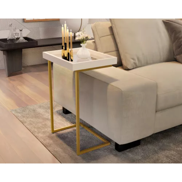 Mesa de Apoio Lateral Luxo de Sofá com Espelho 4774 Perola Off Dourado