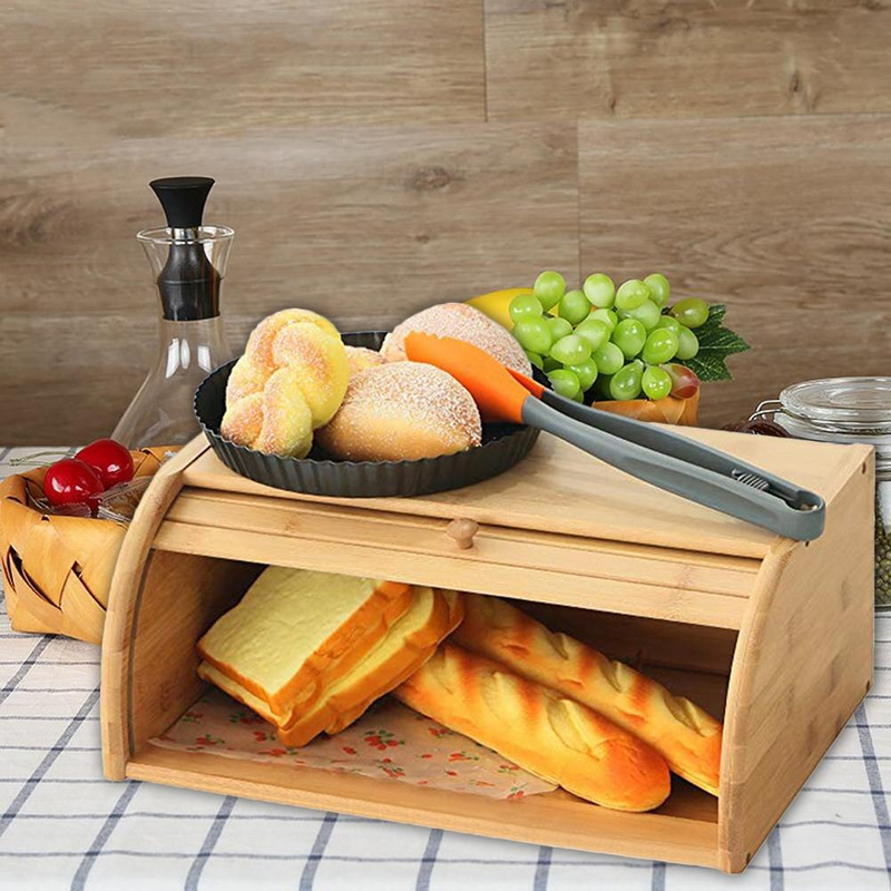 Porta Pão Bambu Com Tampa Retrátil 40X27X16CM Perfeita Para Armazenar Pães Bolachas Resistente