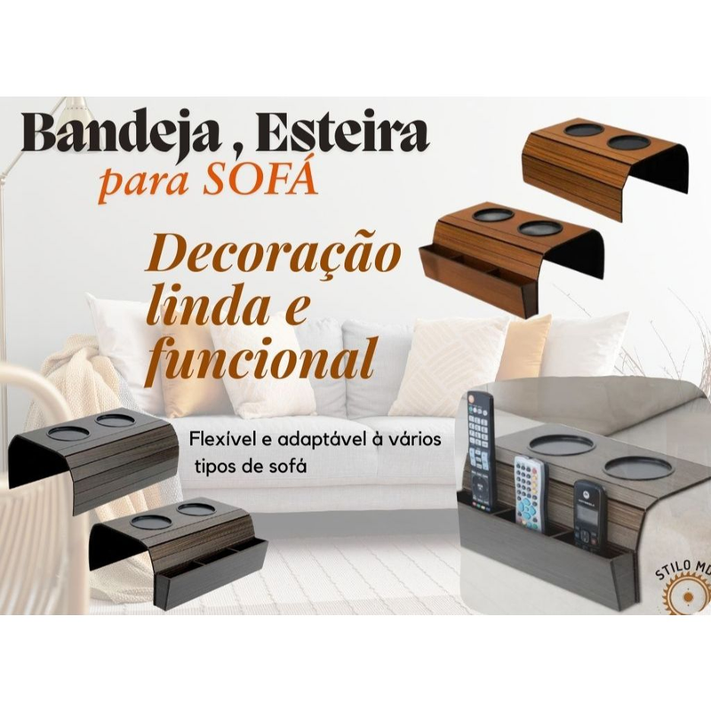 Esteira porta controle porta copo apoio braço de sofá mdf caramelo