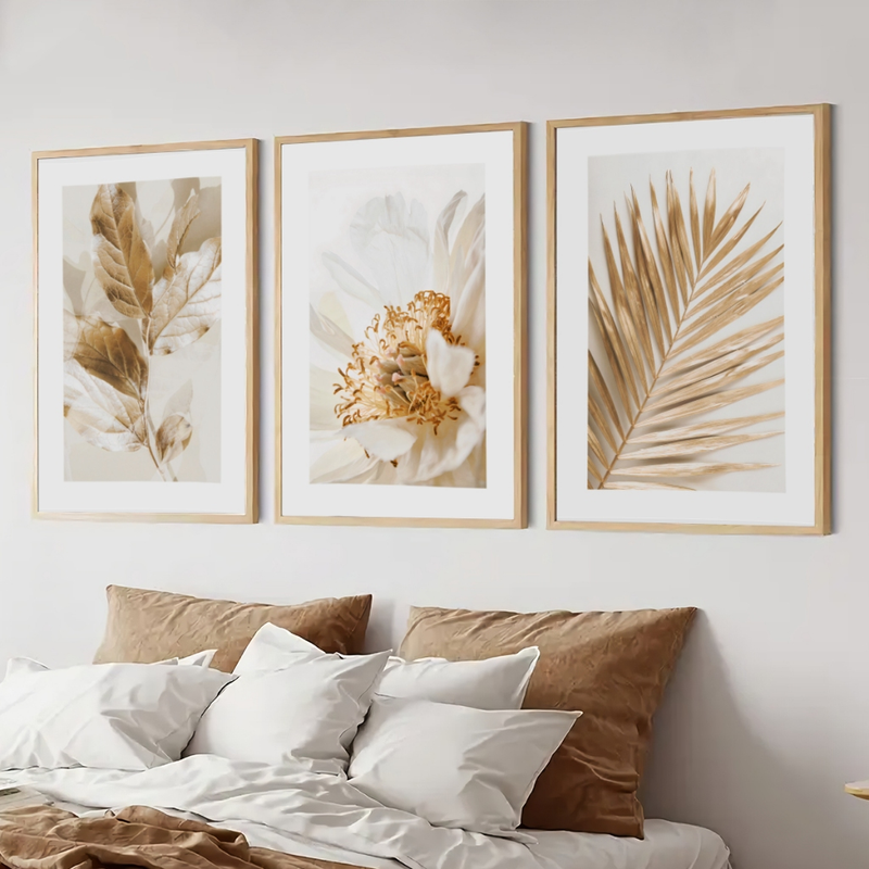 Kit 3 Quadros Decorativos Folhagem Dourada Gold Sala Grande Moderno
