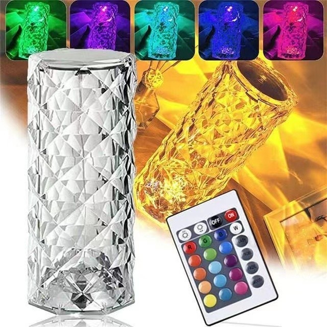 Luminária de mesa de cristal LED com três cores de luz: branco, amarelo e amarelo claro, projetor com interface USB